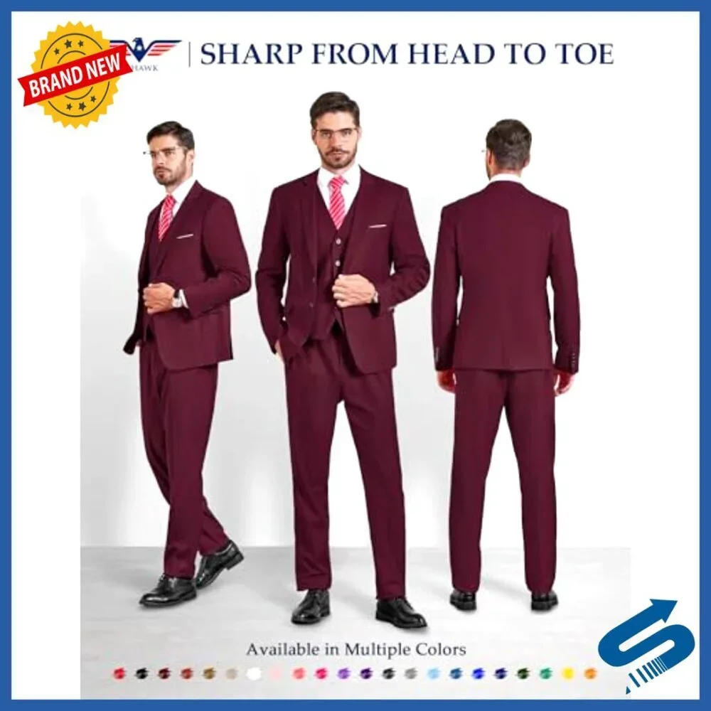 Slim Fit 3-Piece Suit with Tie, Blazer Vest Pants, Business Wedding